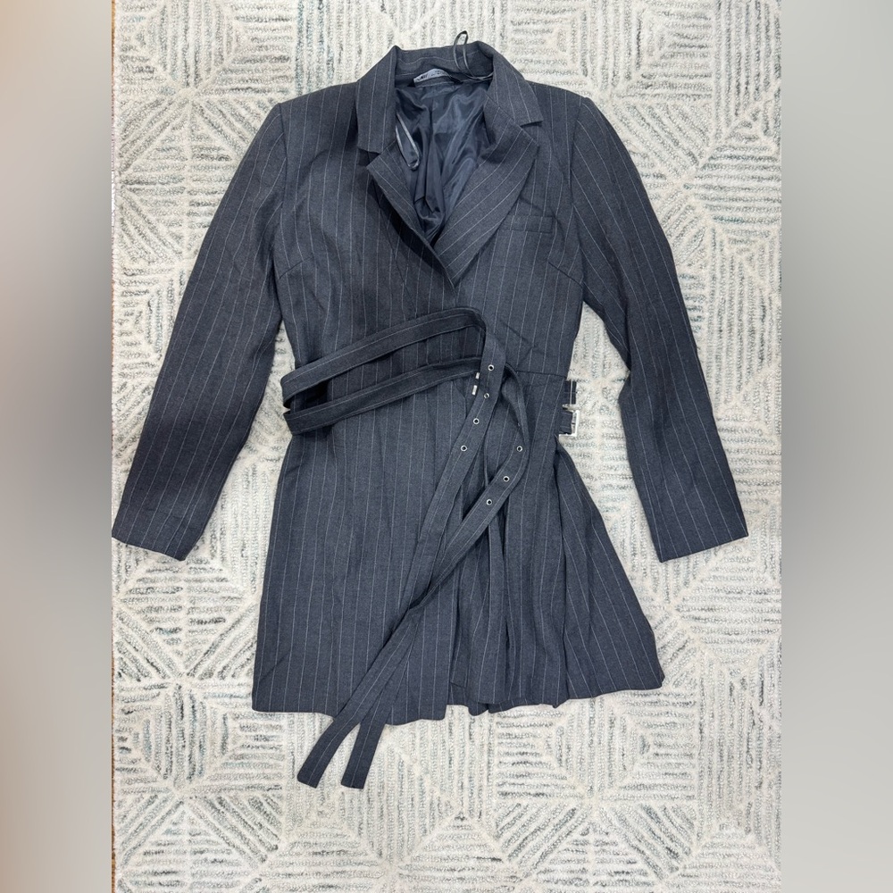 Women's Pinstripe Gray Belted Dress